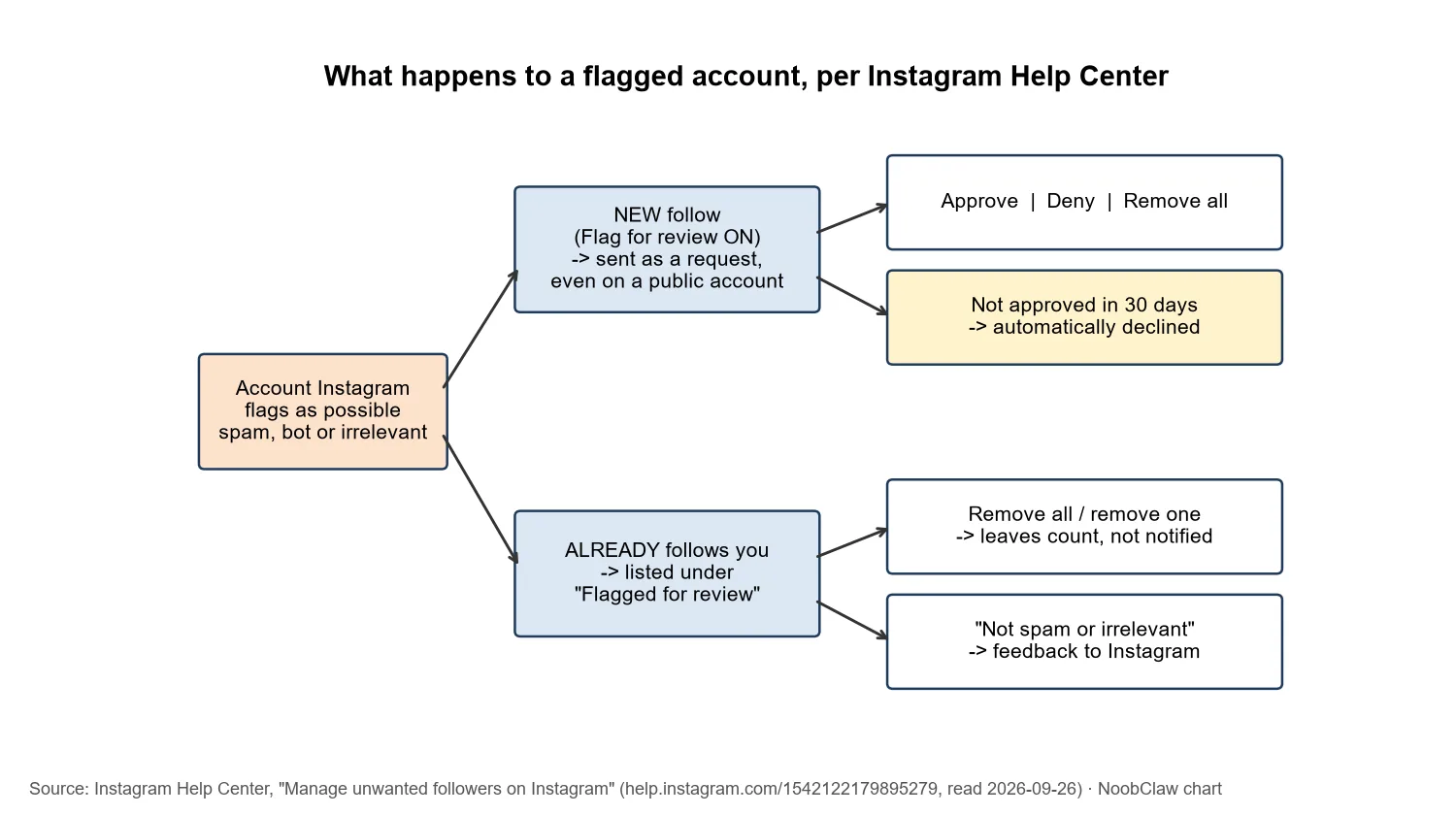 Instagram Flag for Review · flow of what happens to a flagged account, new follow versus existing follower