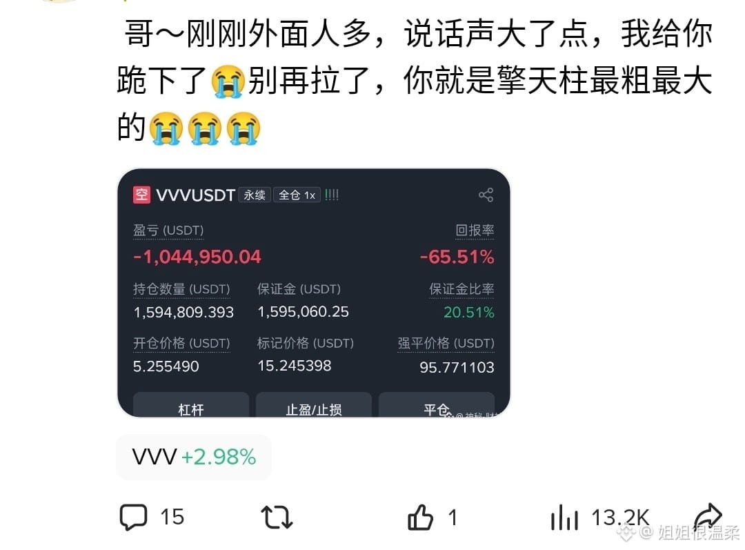 $VVV 这大佬是真有钱啊,一把空单直接被套亏了一百多万,接近一千万资金就这么套在里面。
开仓价才5块,硬生生被庄家拉到