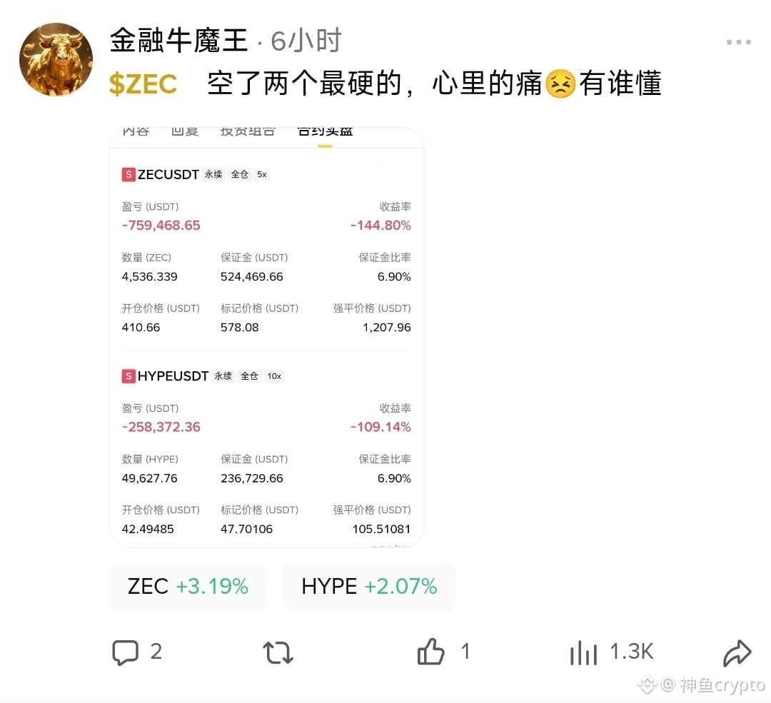 $ZEC    尼玛，这怎么跌的下去，大佬做空zec爆亏500多万，做空hype爆亏180万

{future}(ZEC
