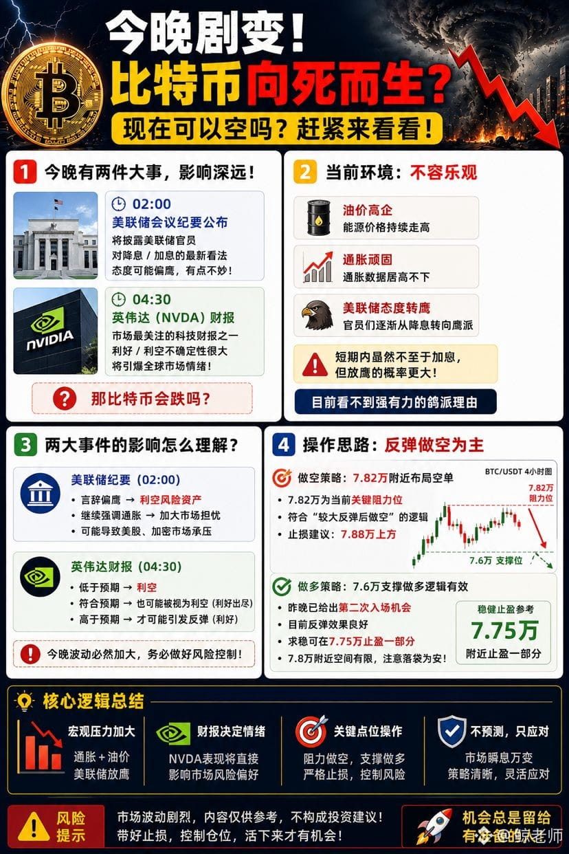 今晚,可能要变天了。
BTC到底是绝地反击,还是继续跳水?现在还能不能空?重点一次说清。
1、今晚有两颗“核弹”要