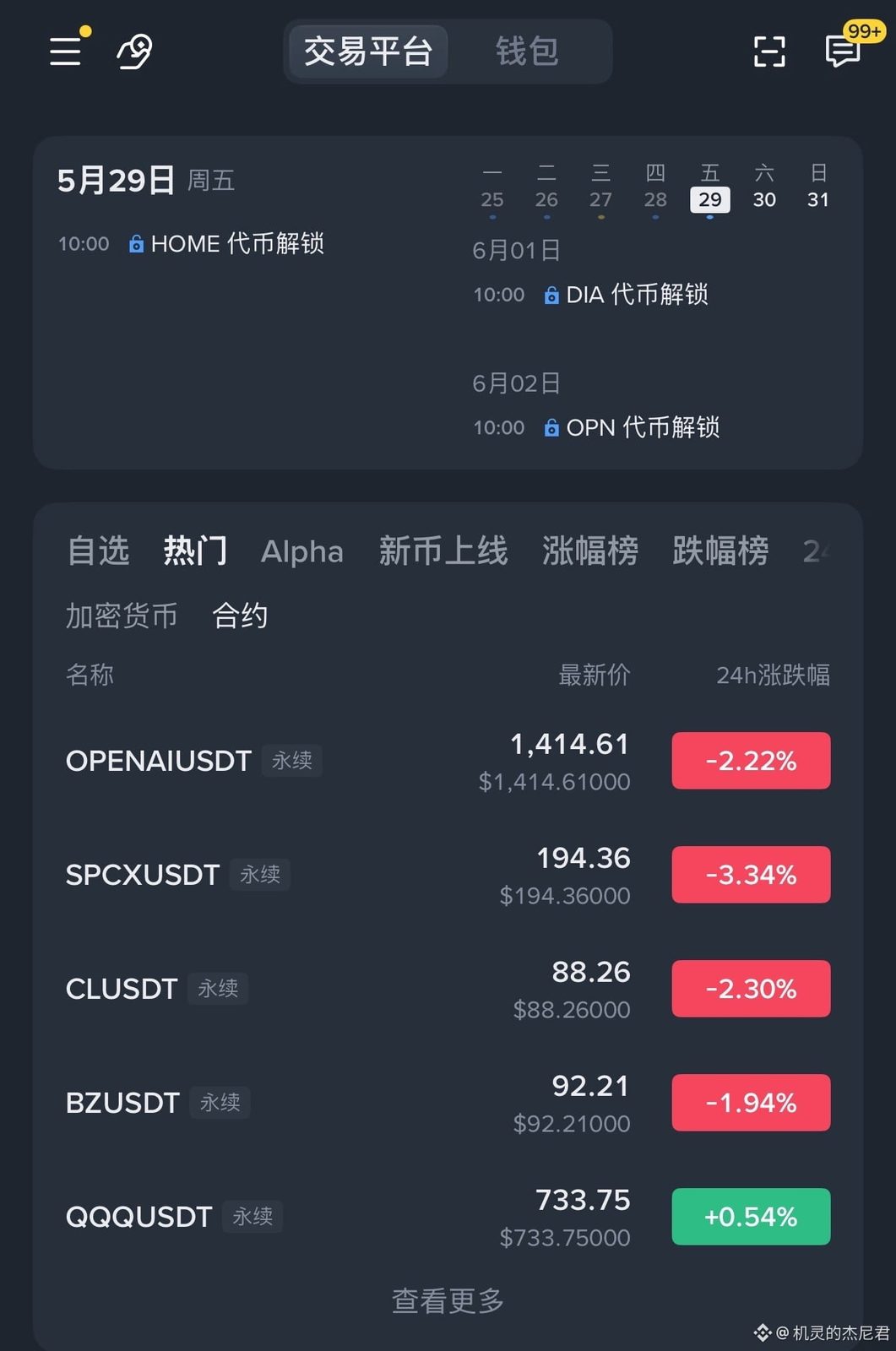 一个扎心的事实。

打开币安 @binancezh APP，首页热门合约板块： OPENAI、SPCX（SpaceX）、