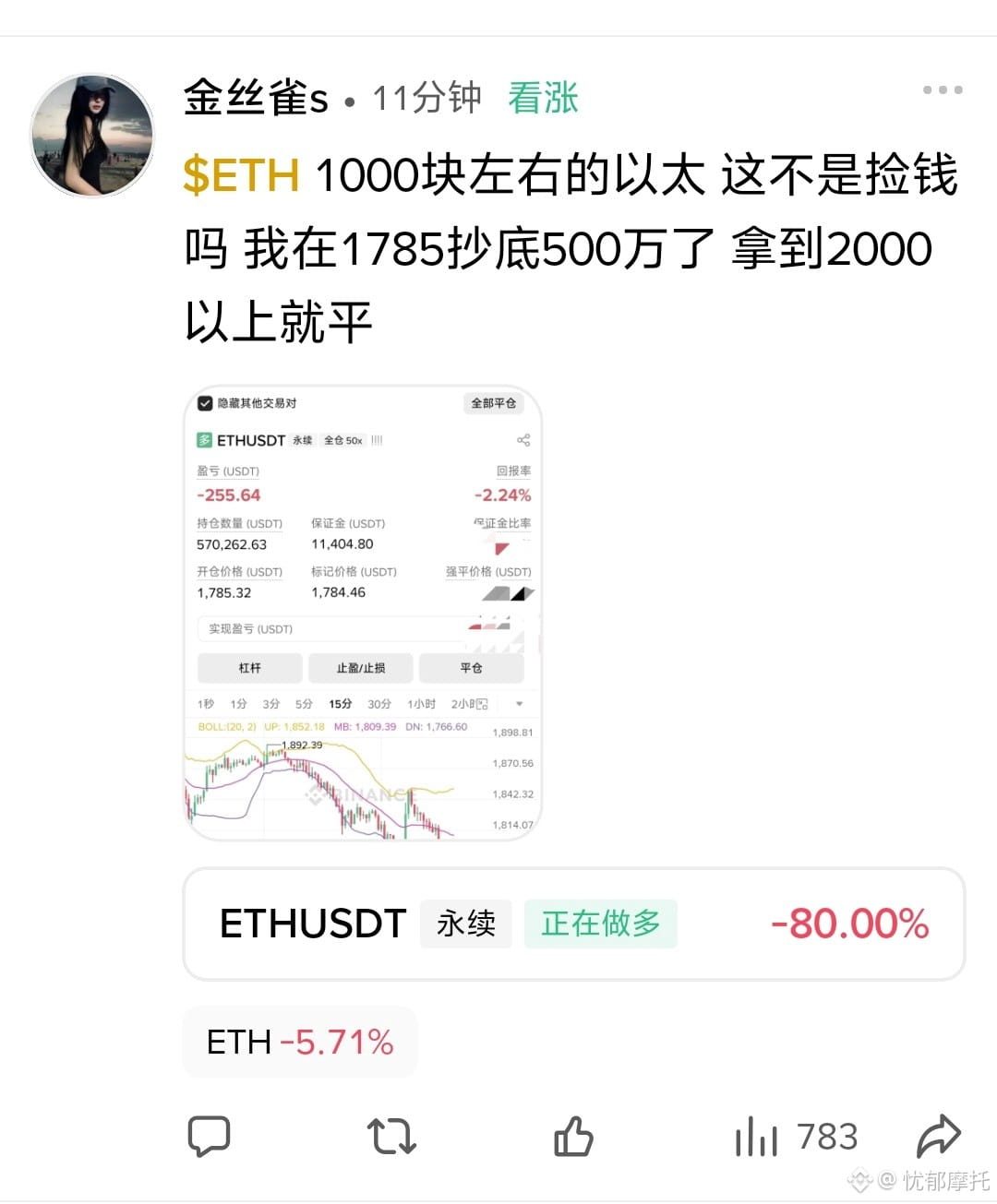 $ETH 400万!不是4千,不是4万,而是整整400万!!金丝雀大佬开多了400万ETH!好无敌,她又逆势开多了🤣,