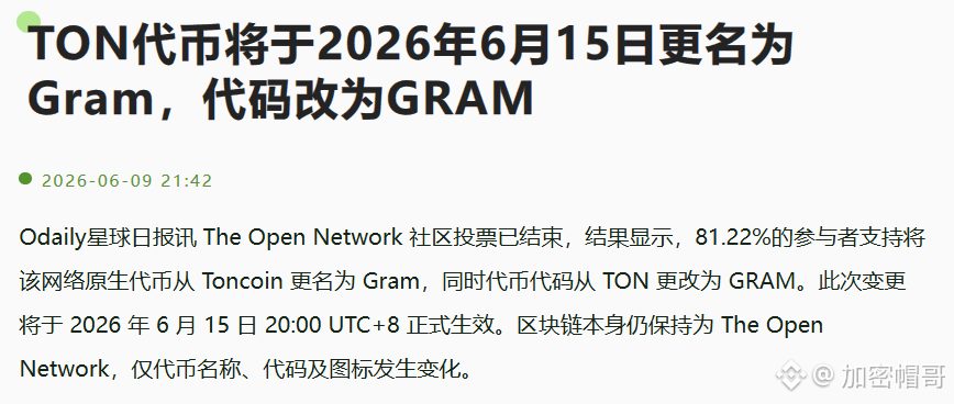 $TON 终于等到这一天了——TON社区自己把名字改回Gram,这事在广场上还没人细品。
这不是普通的改个代号。当年T