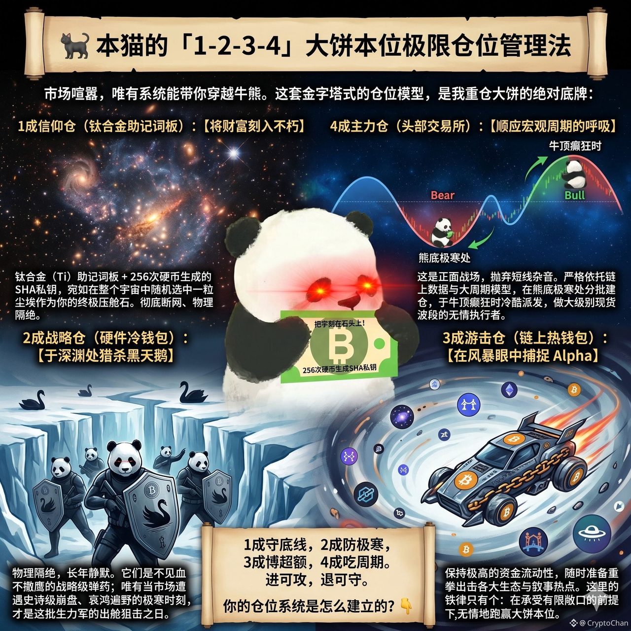 跟大家交个底,本🐼压箱底的「1234穿越牛熊守币法」👇
🪙 1成信仰仓(助记词板):【将财富刻入不朽】
纯抛25